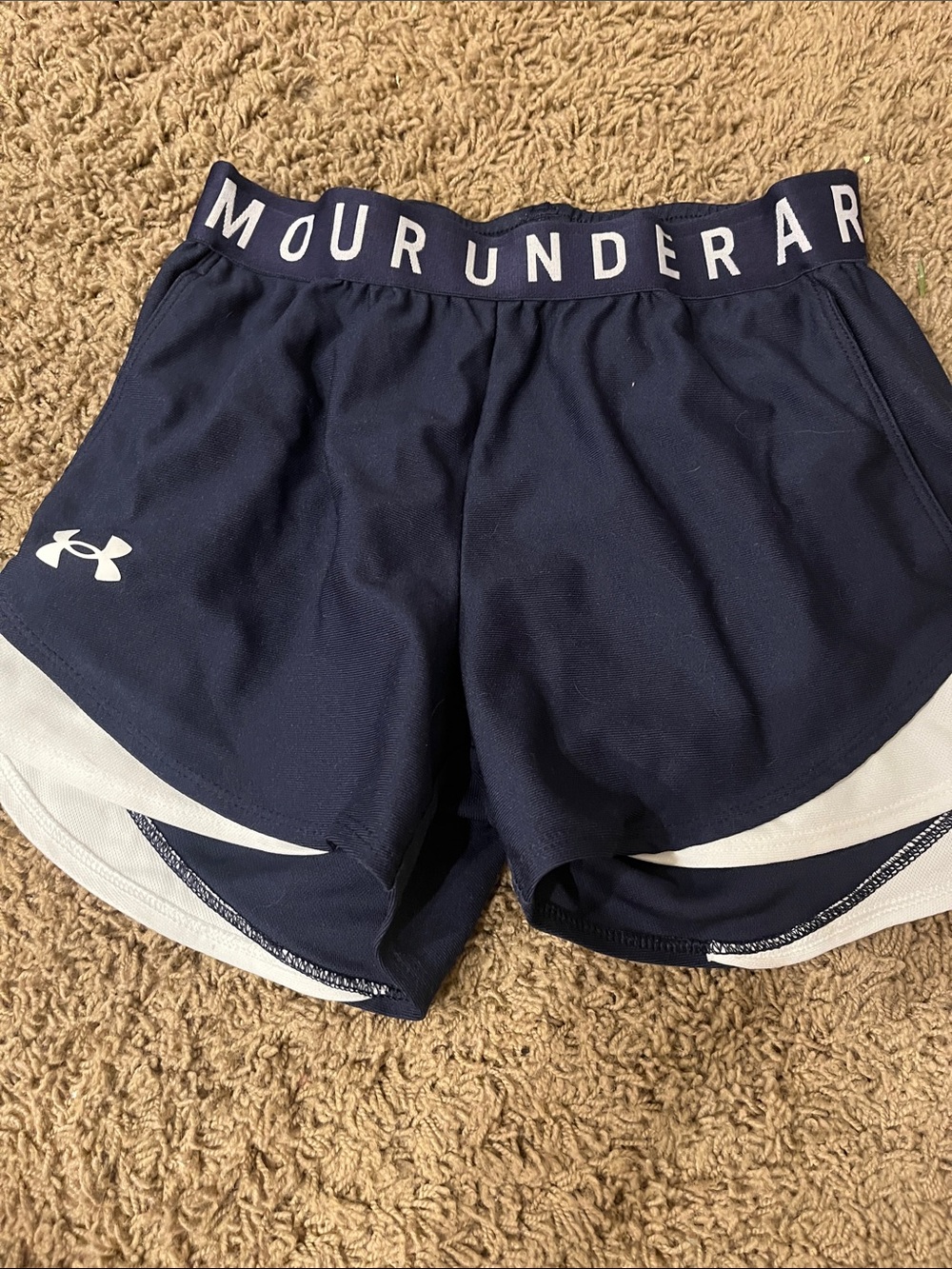 Under Armour Women's Navy and White Athletic Shorts with Logo Waistband